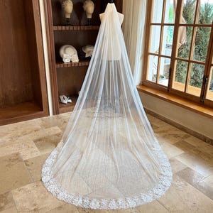Luxury Flower Lace Wedding Veil, Sequined Beaded Lace Bridal Veil, Boho Lace Veil, Ivory Tulle Veil with Comb, Romantic Floral Lace Veil
