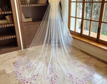 Luxury Pink Floral Sequin Wedding Veil, Cathedral Length Single Layer Veil, Embroidered Flower Lace Bridal Veil, Romantic Sparkle Veil