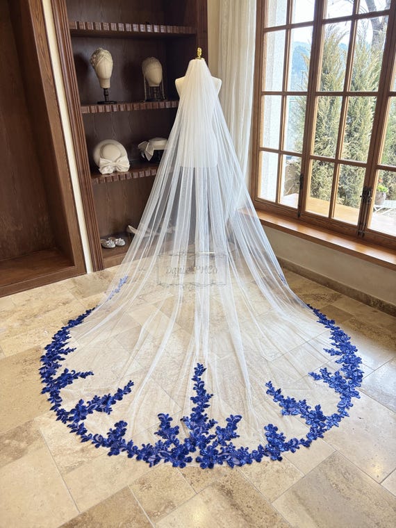 Navy Blue Sequined Flower Wedding Veil, Floral Lace Cathedral Veil