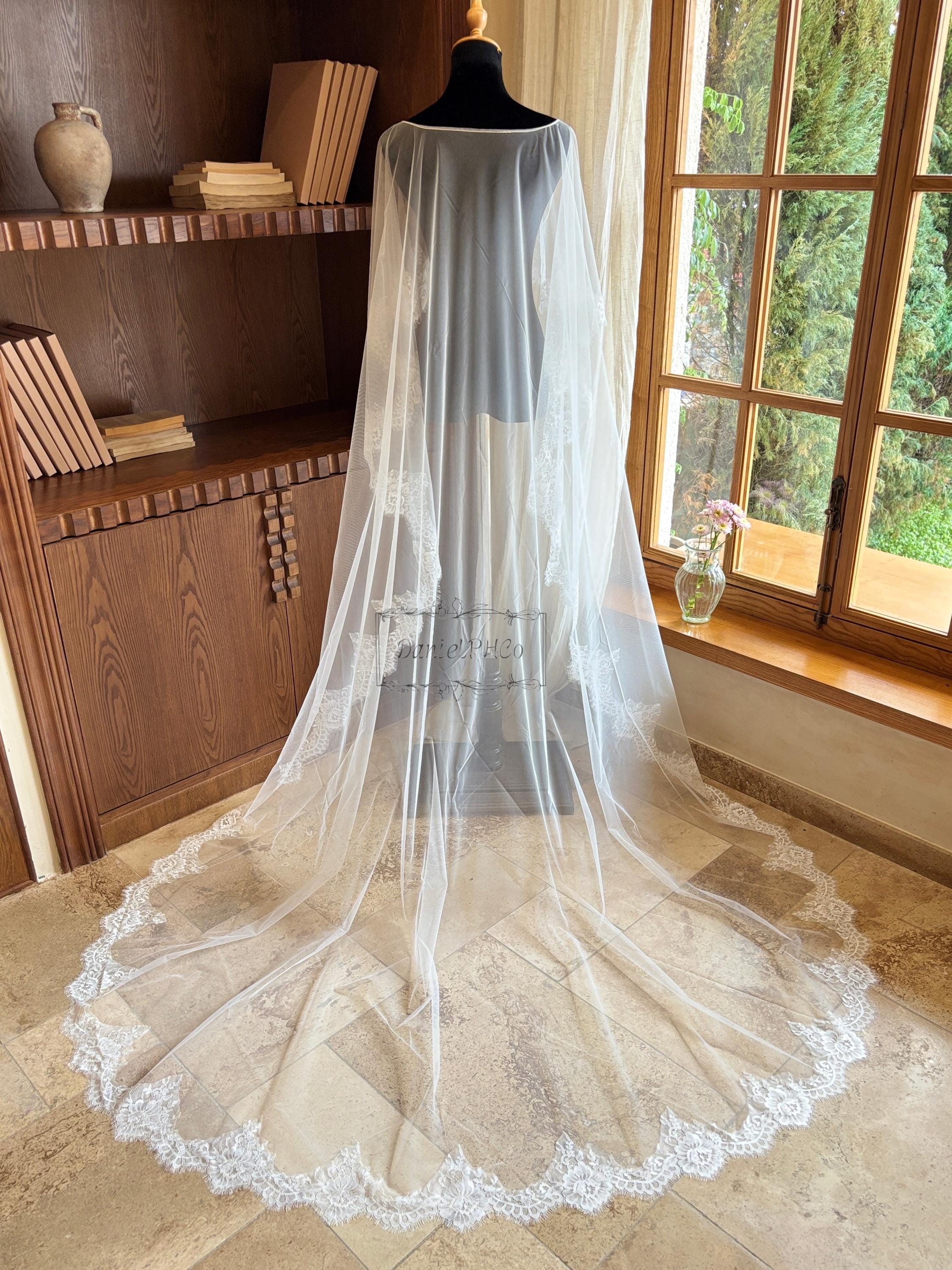 Elegant Lace Bridal Cape Veil, Short Front Long Back Wedding  display picture 2