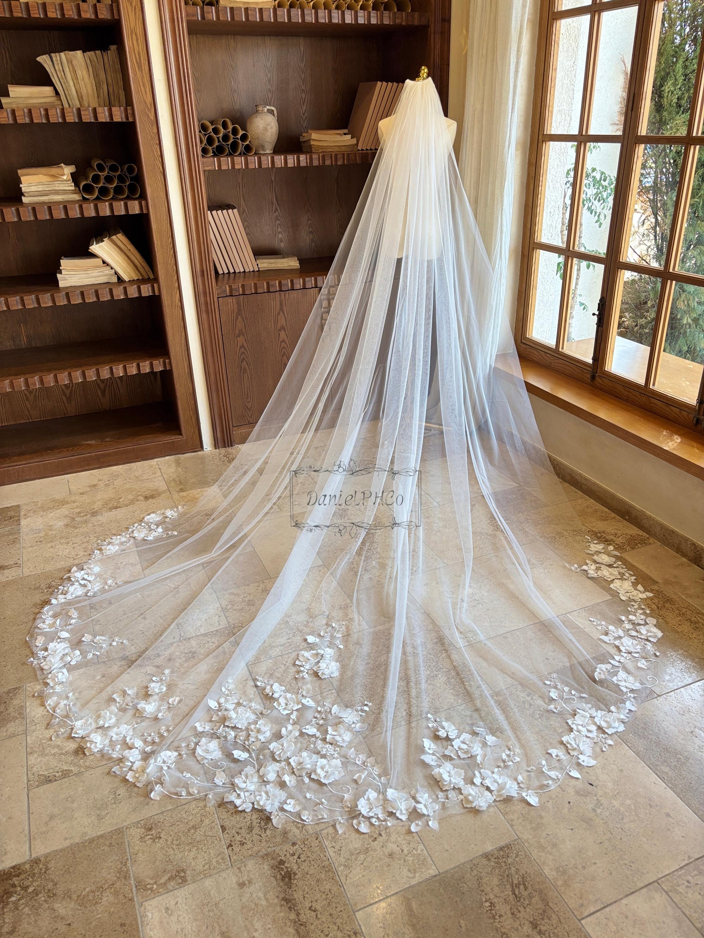 Ivory Cathedral Wedding Veil, 3D Floral Bridal Veil, Flower 