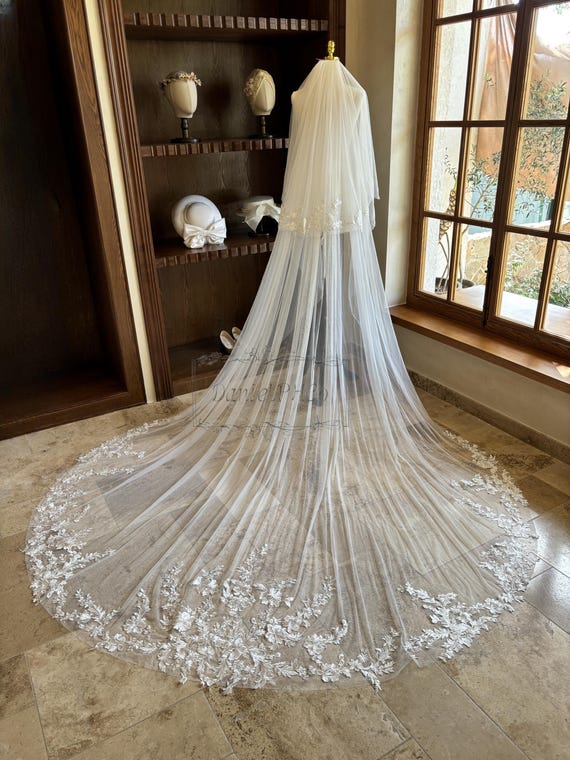 Elegant Lace Bridal Veil Silk wedding veil with lace edges - French lace trimmed silk  main image 4