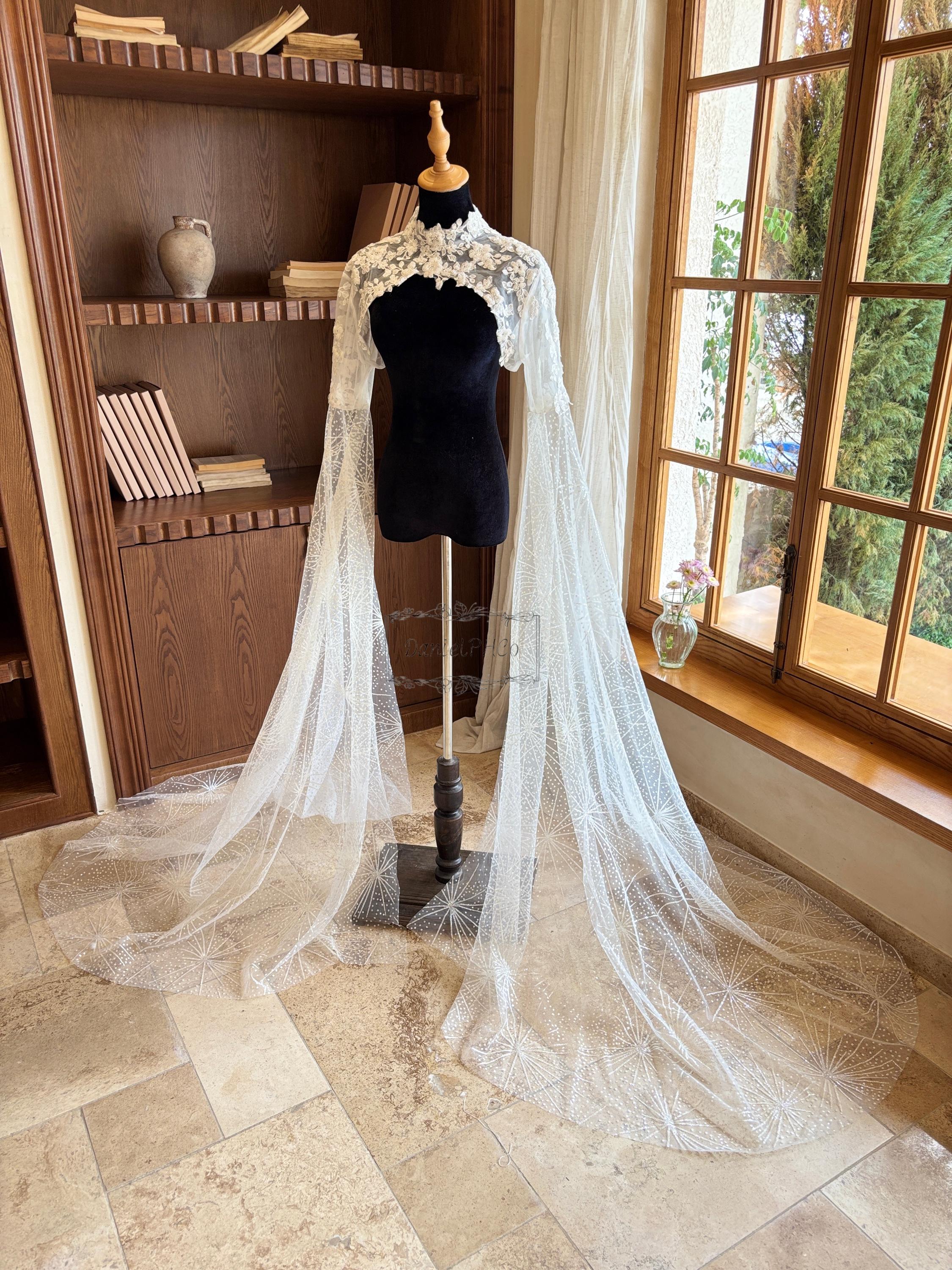ボレロ tunica Veil Bolero Beaded Floral Lace Wedding Bolero, Sparkly Bridal Bolero With Long