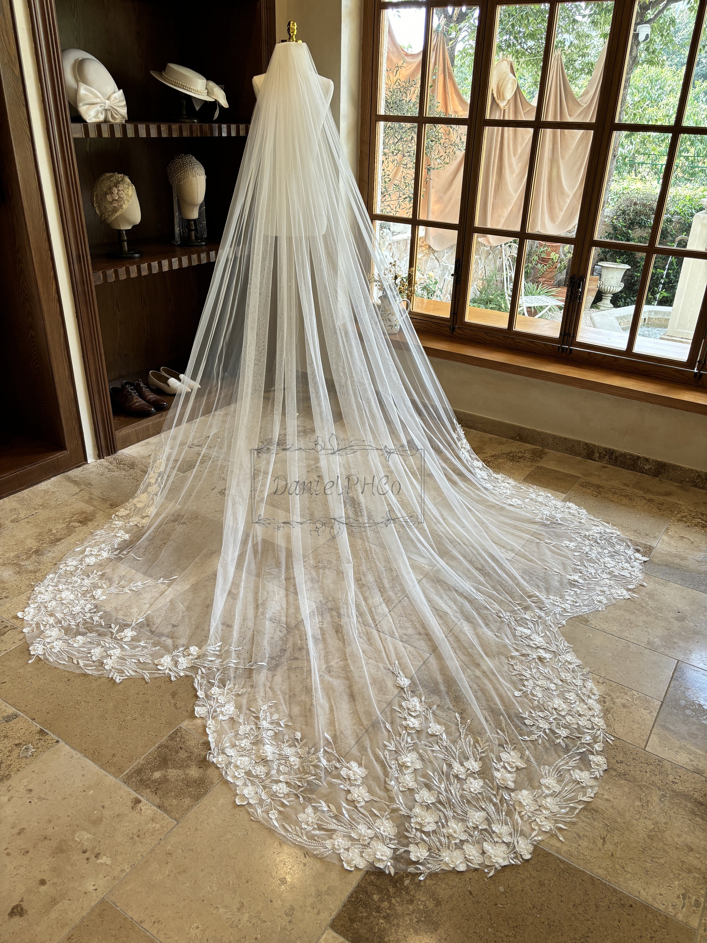 Chapel length wedding veil with 3 lace appliqués 44303V: Cathedral Length Veil Adorned with Sequined Lace  main image 2