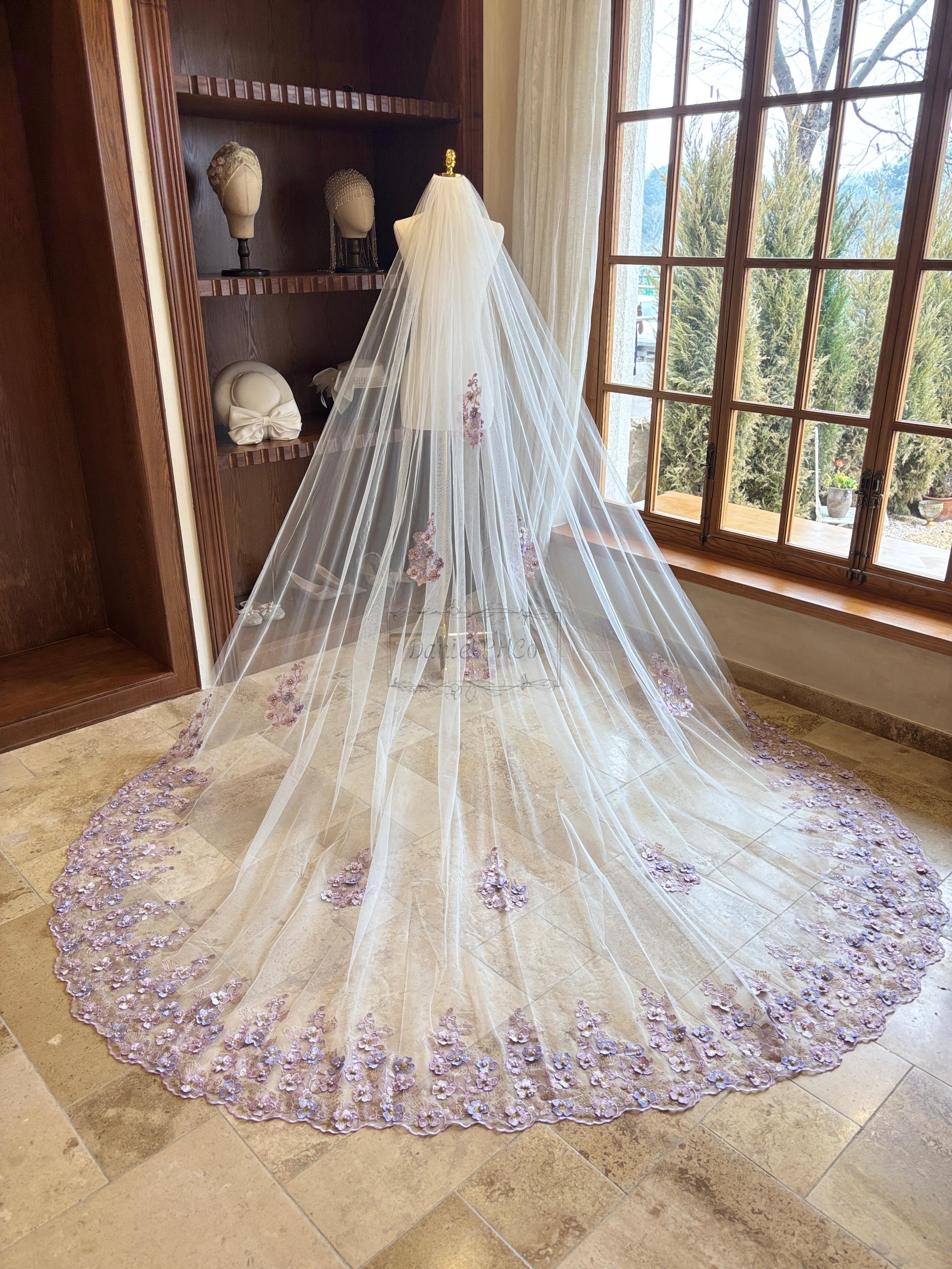 Fairy Purple Flower Cathedral Veil, Flower Lace Wedding Veil With