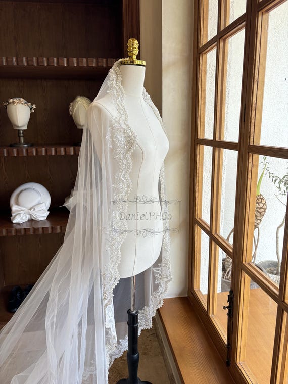 Gorgeous Beaded Wedding Veil, Vintage Mantilla Veil With 