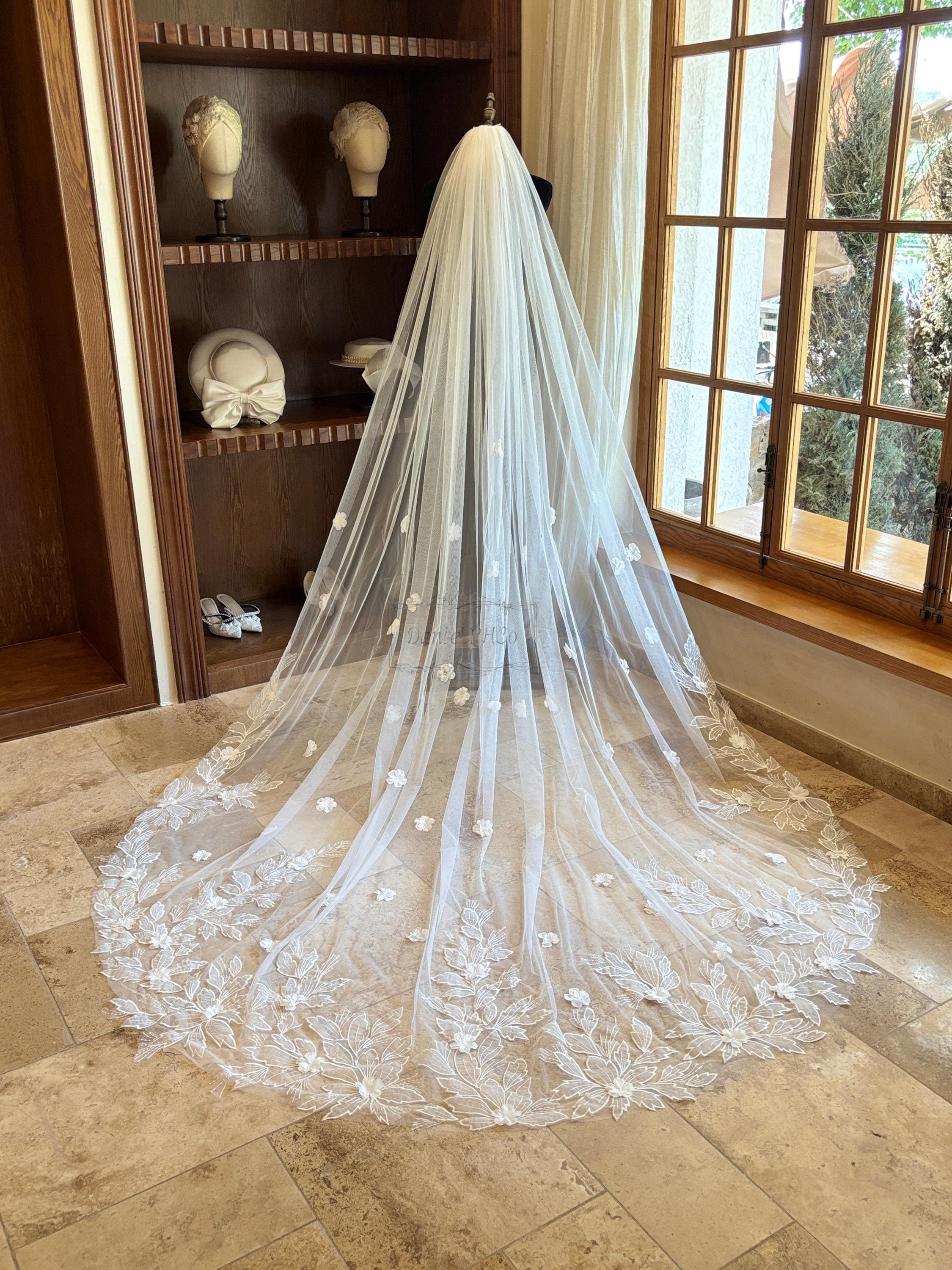 Ursumy Gorgeous Wedding Lace Veil Floral Long Cathedral Veils for Brides Soft Perfect Bridal Ivory Single Tier Beaded Floral Lace  main image 3