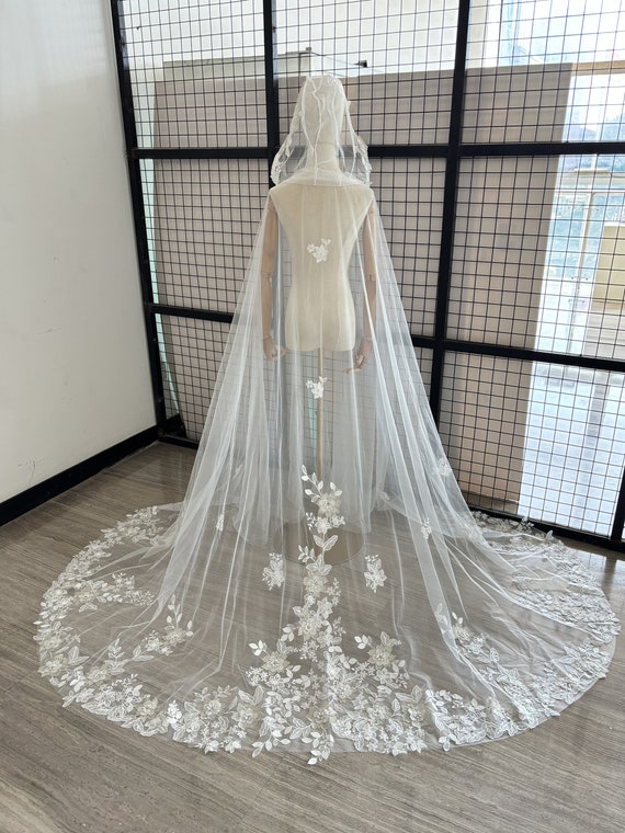 Floral Lace Cape Veil/ Lace Wedding Cape/ Fairy Bridal Hooded Cape