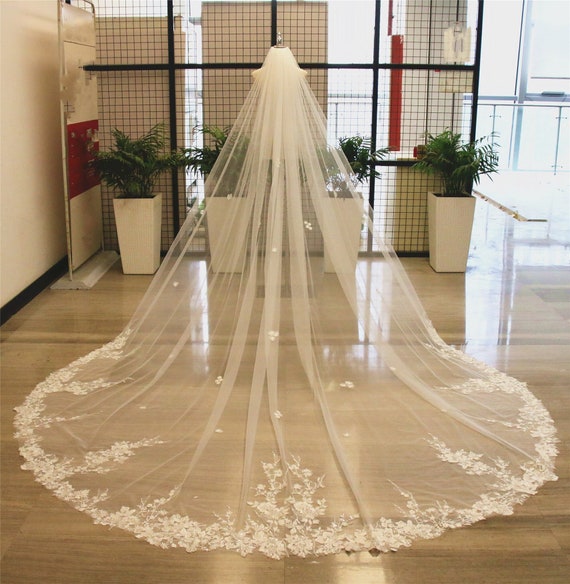 Long Bridal Lace Cathedral Wedding Veil with Comb - Floral Tulle Hair Accessory Romantic 3D Flower Wedding Veil, Fairy Cathedral Veil, Long  main image 3