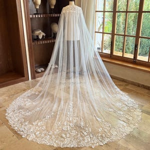 Sequined Flower Lace Shoulder Cape, Floral Lace Cape Veil, Vintage Lace Cathedral Wedding Cape, Romantic Flower Cape, Chapel Bridal Cape