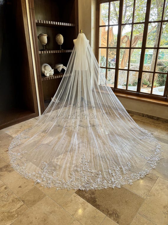 Gorgeous Sequined Bridal Veil, Exquisite Beaded Lace Veil 