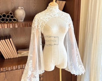 Elegant Sequined Bridal Bolero, Floral Lace High Neck Wedding Cover Up, Button Back Long Bell Sleeve Bridal Top