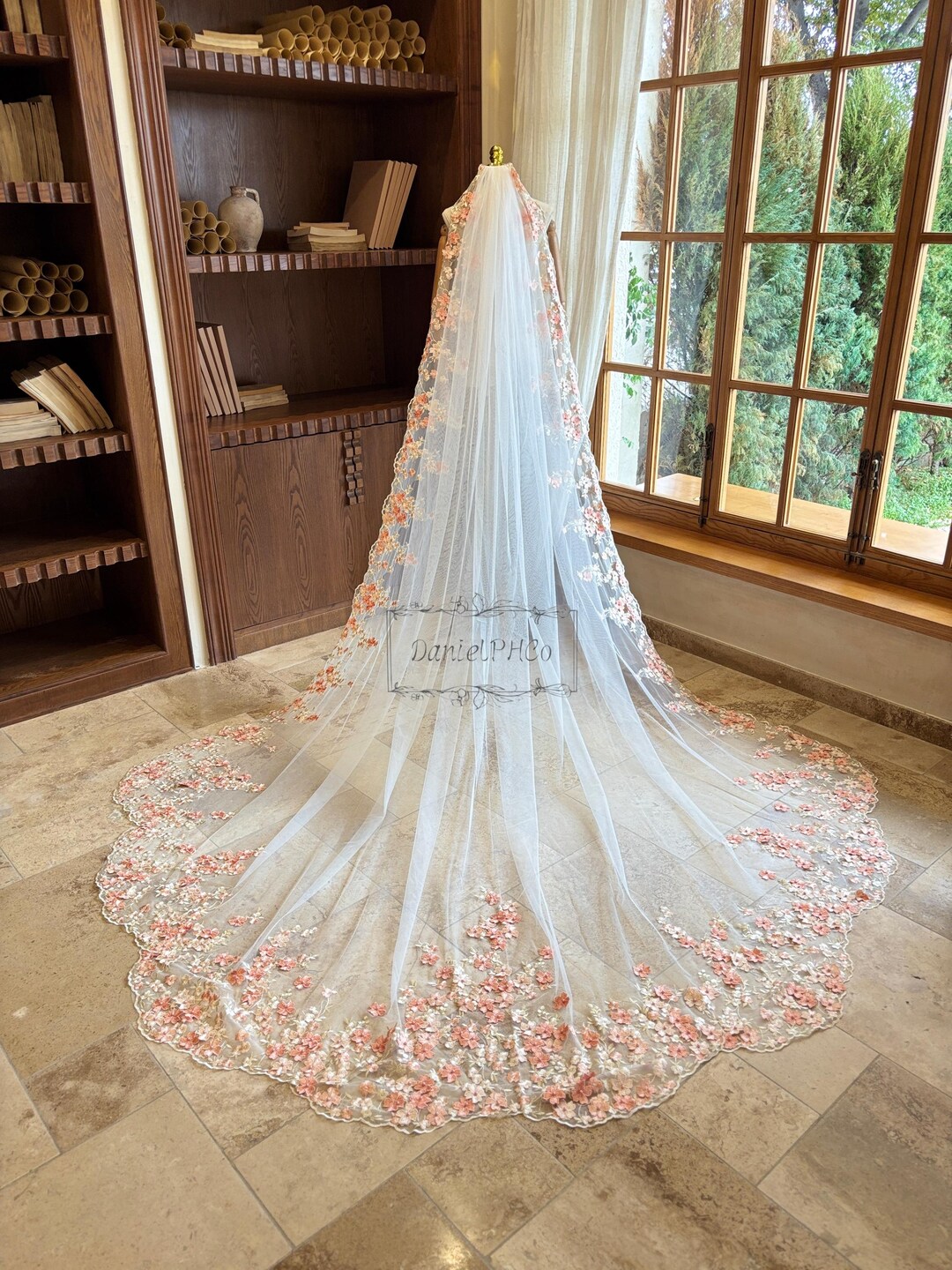 Vintage Orange Floral Lace Cathedral Wedding Veil, Petal Shape
