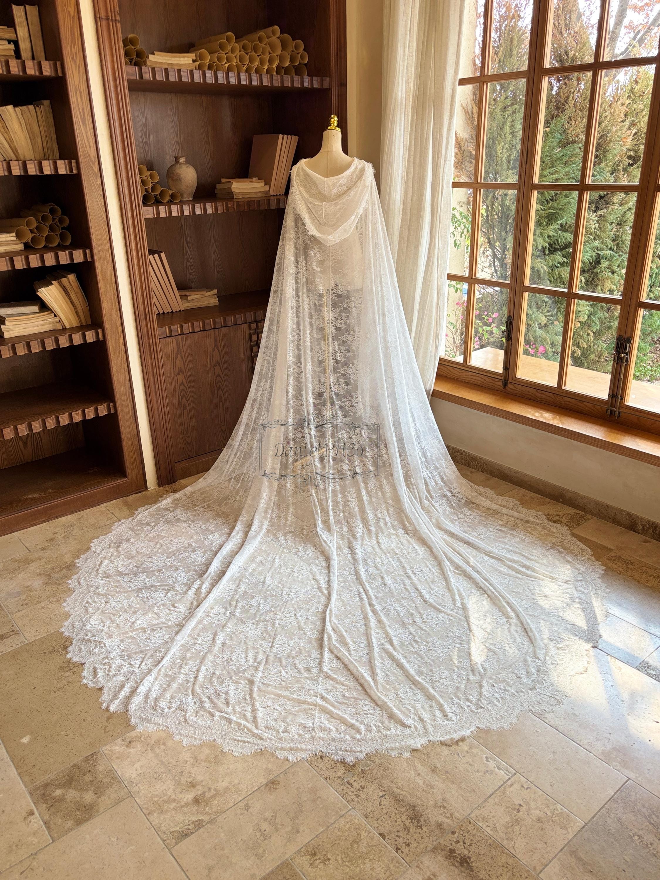 Vintage Lace Hooded Wedding Cape, Floral Lace Cathedral Bridal