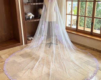 Purple Lace Mantilla Wedding Veil without Comb, Beaded Sequined Flower Lace Drop Veil, Long Cathedral Veil, Floral Lace Edge Veil, Lace Veil