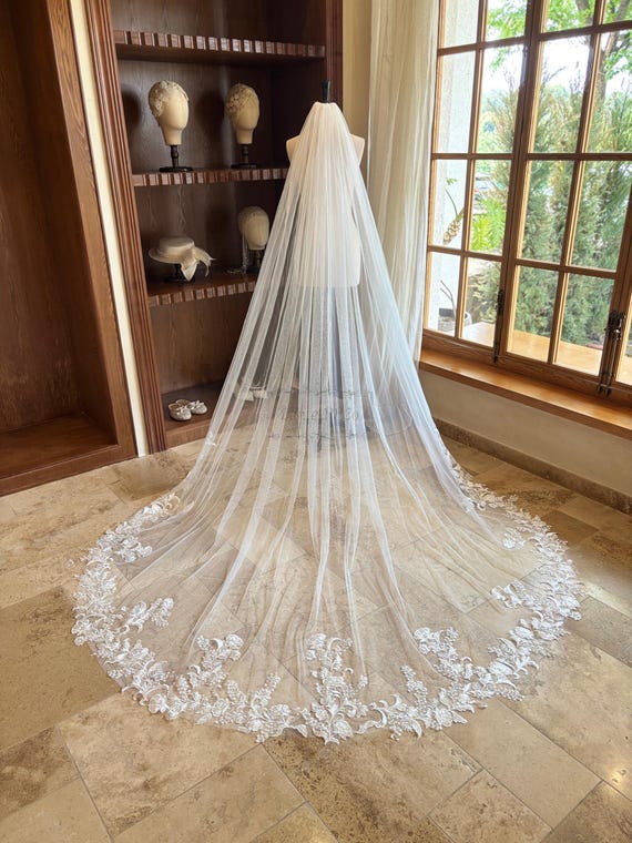 Sequined Lace Cathedral Wedding Veil, Soft Tulle Veil With  display picture 1