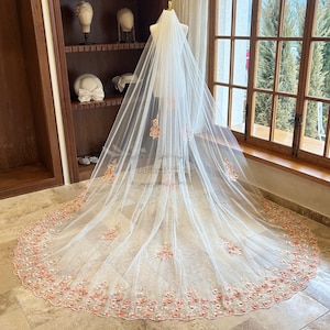 Orange Flower Cathedral Wedding Veil with Pearl, Retro Flower Lace Bridal Veil, Elegant Flower Lace Veil, Chapel Veil, Tulle Veil with Comb