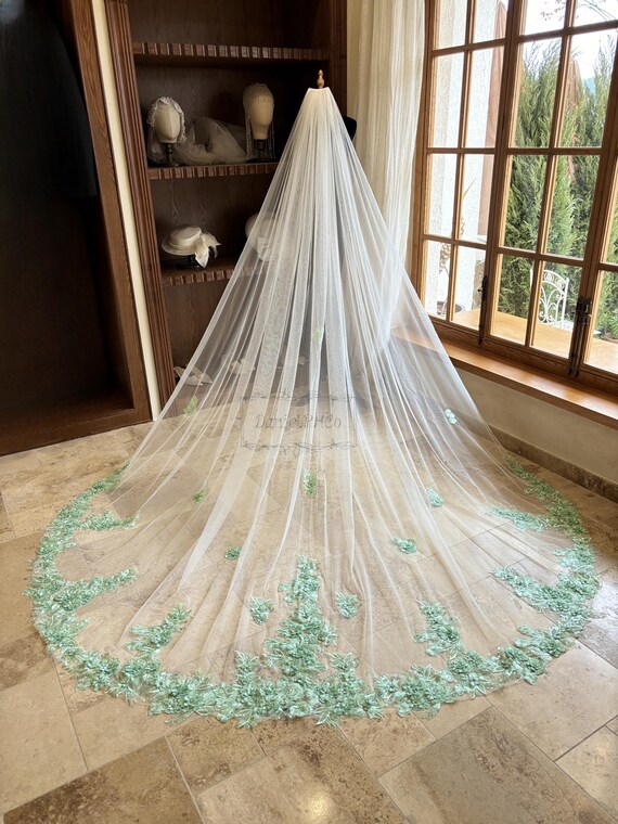 Cathedral length wedding flower lace with rhinestones veil Cathedral Embroidered Lace Wedding Veil – Beaded Lace Edge  main image 2