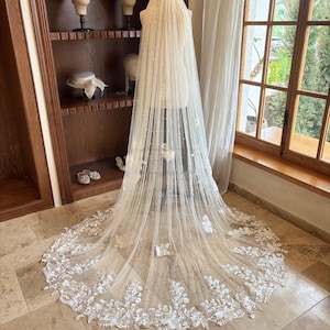 Champagne Flower Lace Wedding Veil, Elegant Pearl Bridal Veil, Sequined Lace Cathedral Veil, Lace Chapel Veil, Flower Veil with Comb