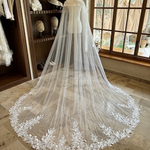 Sequined floral lace shoulder cape veil, elegant lace wedding cape, vintage cathedral cape veil, floral lace cape veil, chapel wedding cape
