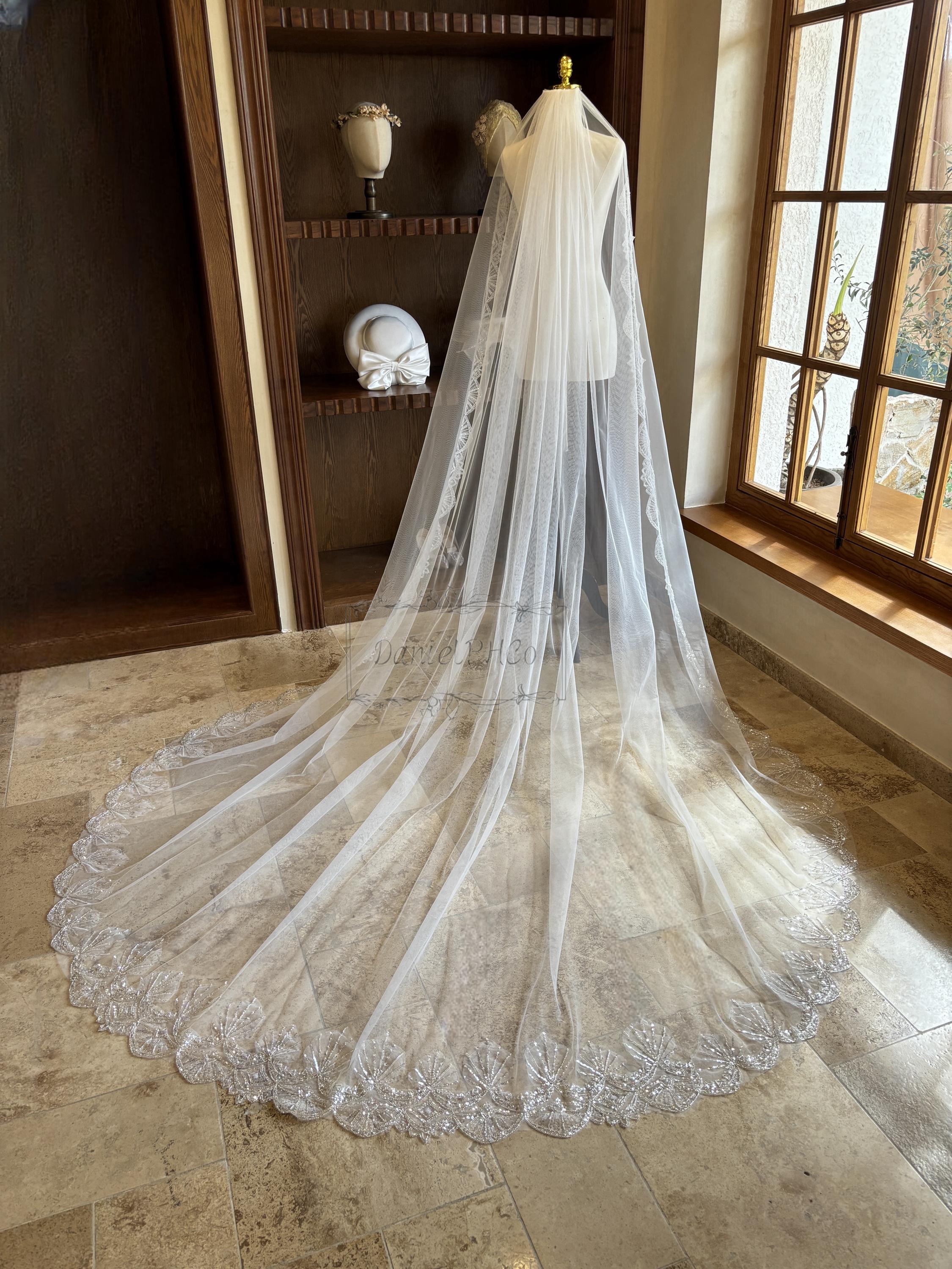 Beaded Sequined Lace Veil, Luxury Wedding Veil, Long 