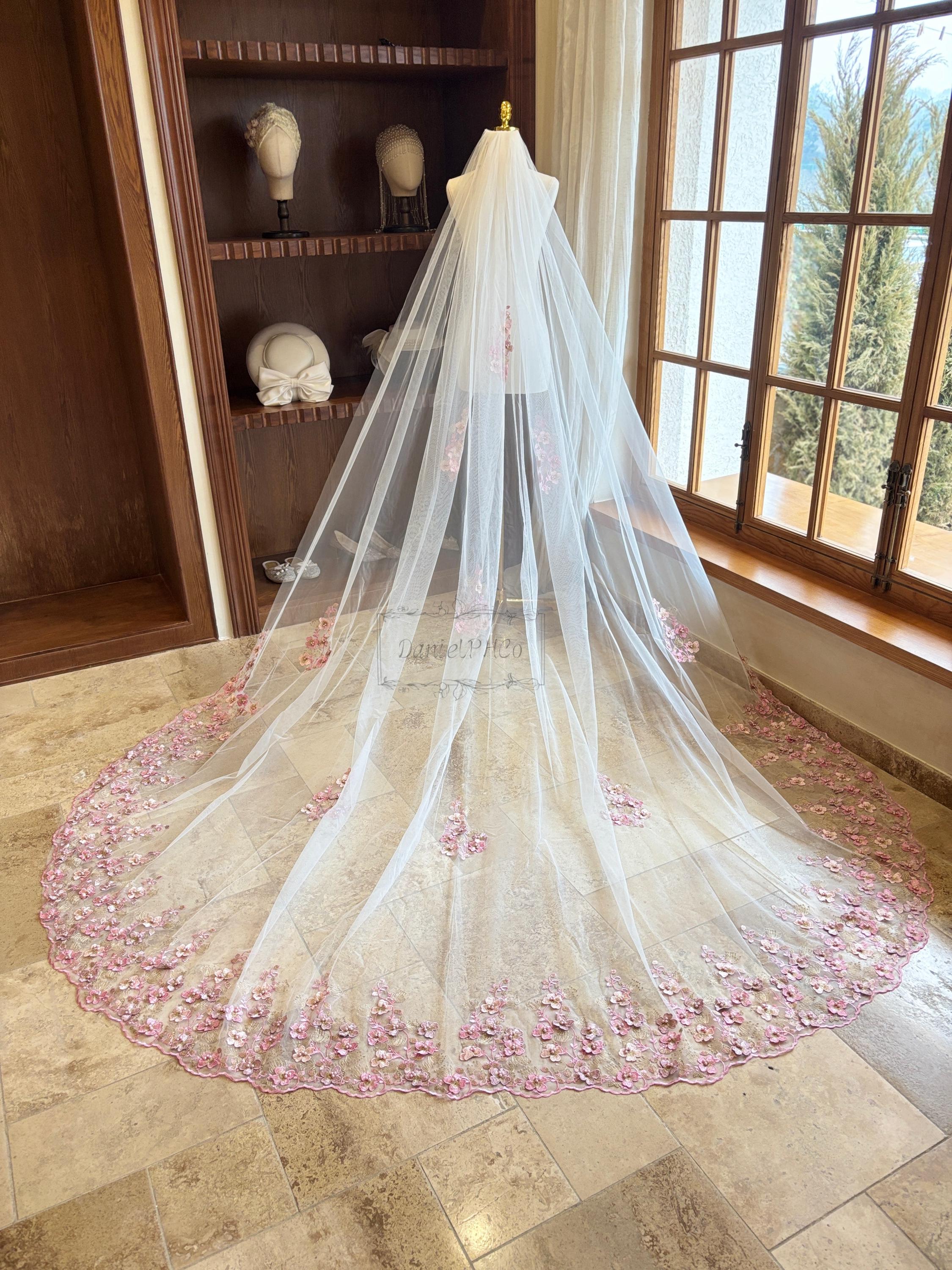 Fairy Pink Flower Lace Wedding Veil With Pearl, Retro Cathedral