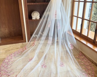 Fairy Pink Flower Lace Wedding Veil With Pearl, Retro Cathedral