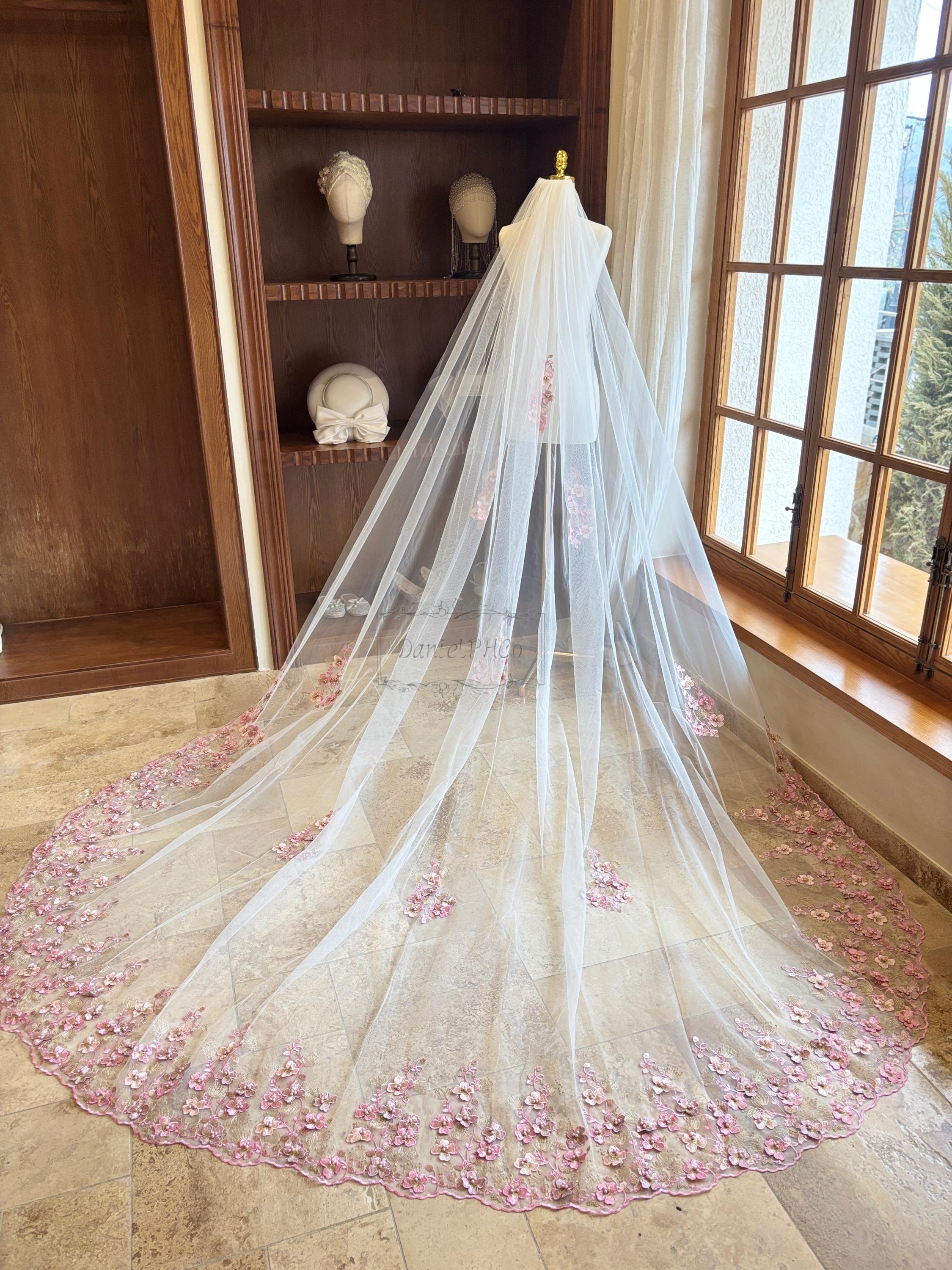 【新品】 NOTREémor tulle veil tops pink Fairy Pink Flower Lace Wedding Veil With Pearl, Retro Cathedral