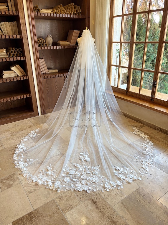 Ivory Cathedral Wedding Veil, 3D Floral Bridal Veil, Flower  display picture 1