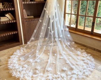 Romantic 3D Flower Wedding Veil, Fairy Cathedral Veil, Long Ivory Tulle Bridal Veil with Comb, 1 Tier Floral Veil, Boho Bride Accessories