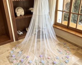 Romantic Bridal Blusher Veil, Floral Lace Wedding Veil, Purple Pink Blue 3D Flower Veil, Elegant Two Tiers Veil, Boho Lace Cathedral Veil