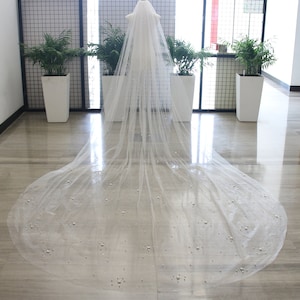 1T Bridal Veil Shiny Wedding Veil Bridal Veil with Pearls Soft Tulle Veil with Comb Chapel/Floor/Royal/Shoulder/Elbow Custom Length Veil