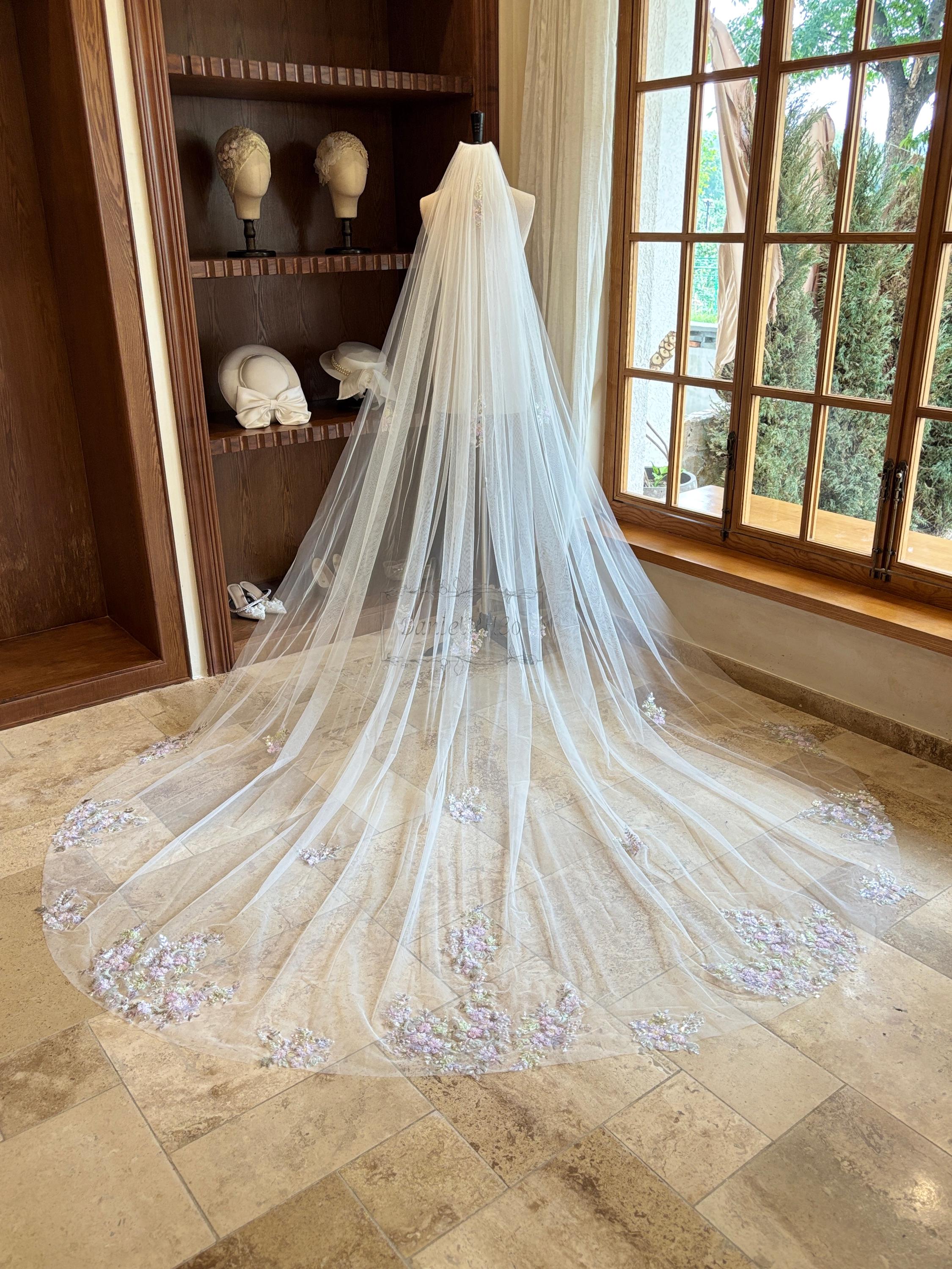 Ivory /white Tulle Bridal Veil with Decorative Beading Flora Cathedral Veil | Flower Embroidered Veil | Claire  main image 3