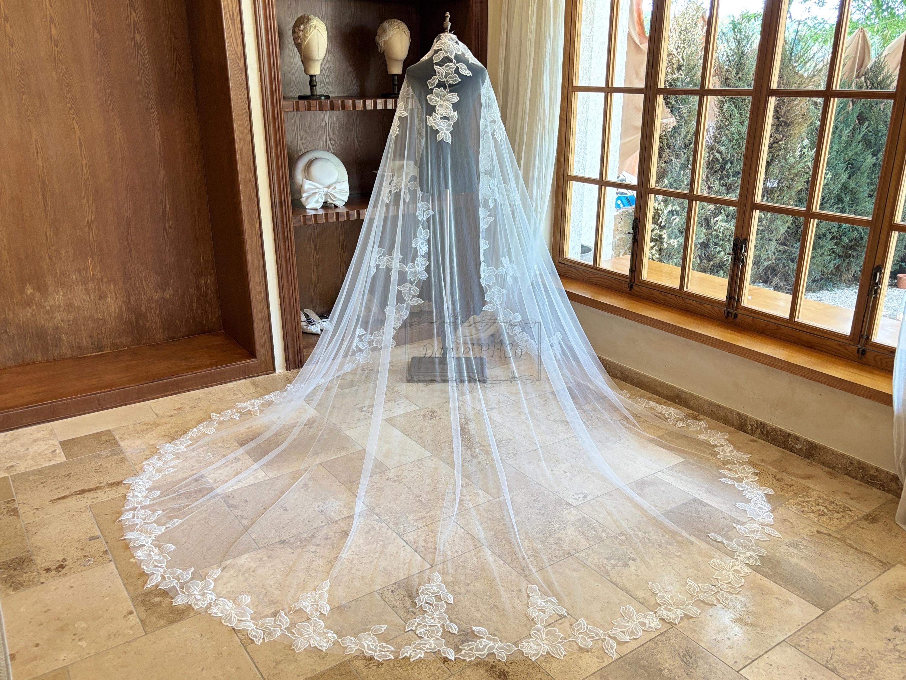 Full Lace Edge Mantilla Wedding Veil Without Comb, Floral Lace
