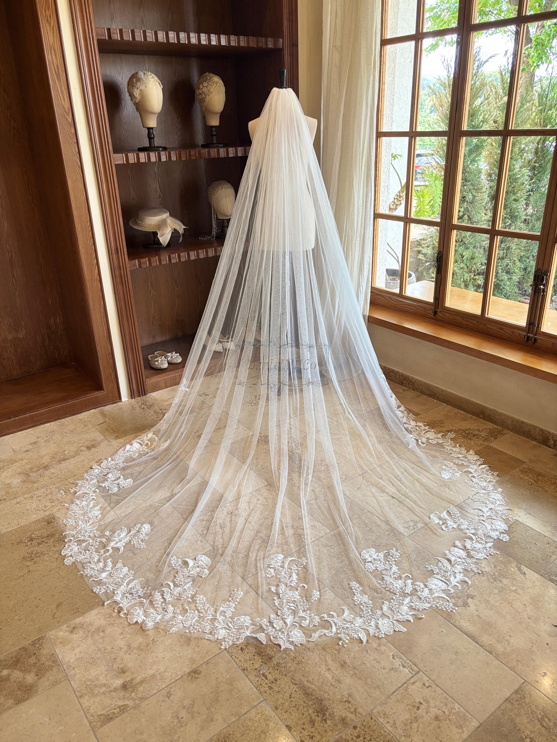 Sequined Lace Cathedral Wedding Veil, Soft Tulle Veil With  display picture 2
