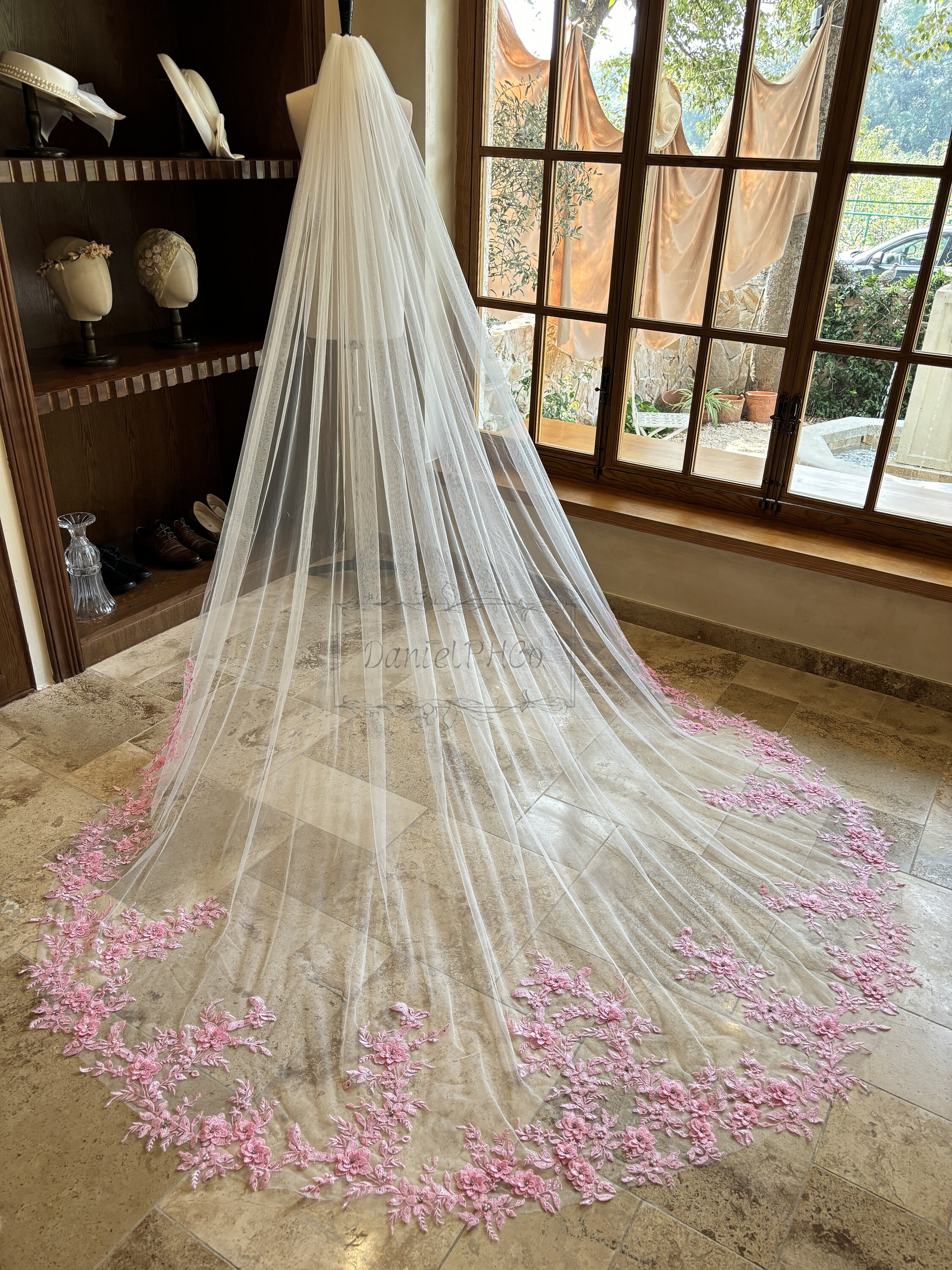 Romantic Pink Lace Wedding Veil, Floral Cathedral Veil With Pearl