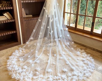 Romantic 3D Flower Wedding Veil, Fairy Cathedral Veil, Long Ivory