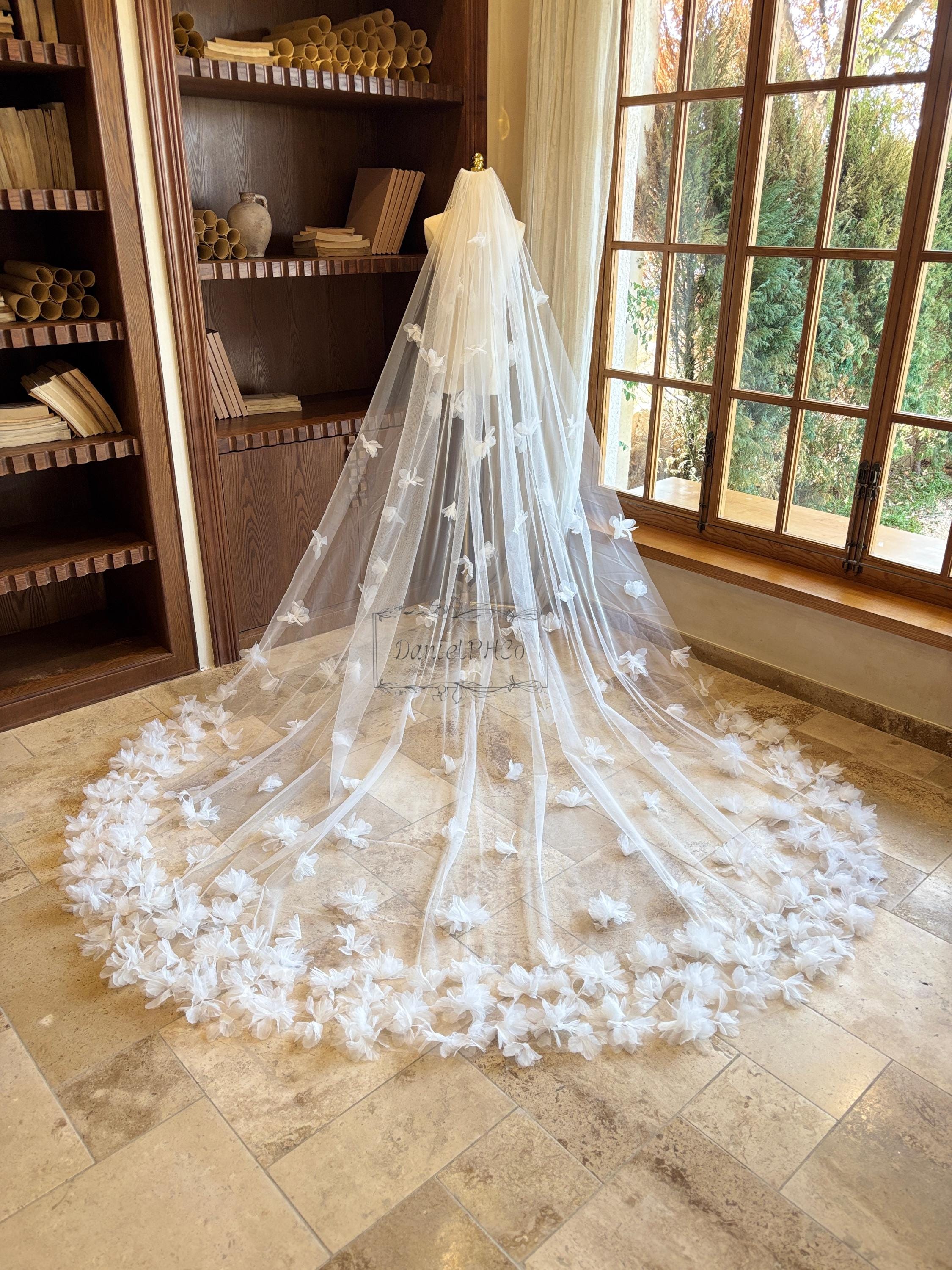 Bridal Cathedral Veil with Floral Appliqué - White Elegant Cathedral Length Wedding Veil with Floral Lace and  main image 3