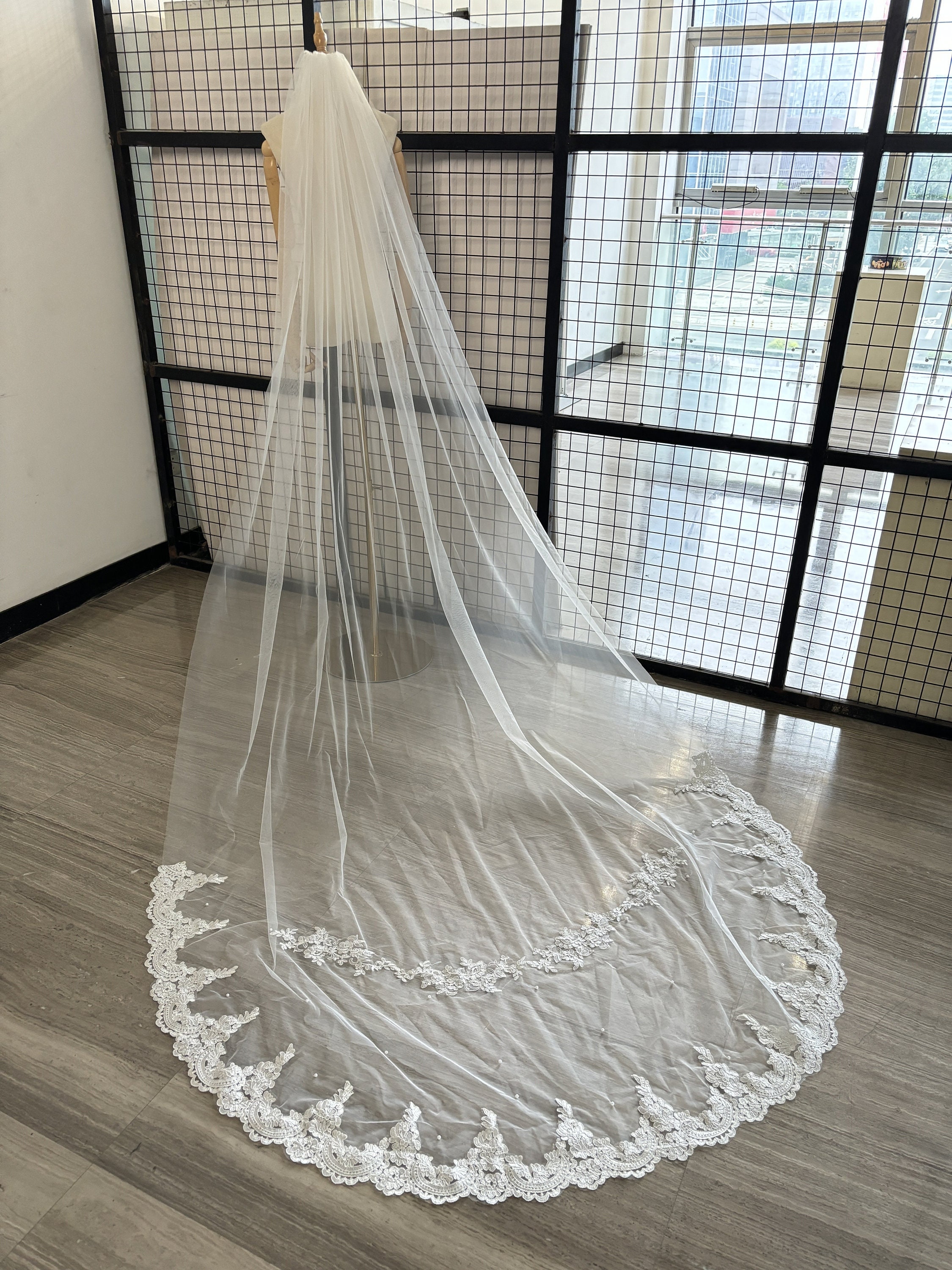 Floral Lace and Pearls Cathedral Bridal Wedding Veil With Comb Over 9\' Long Ivory Single Tier Pearl Embellished Veil with Lace Edge | L&F main image 2