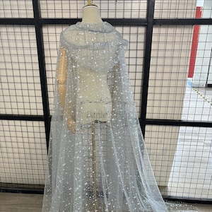 Sparkly star glitter cape veil/ shinny wedding cape/ silver grey bridal hooded cape veil/ celestial bridal cloak/ long romantic cape veil