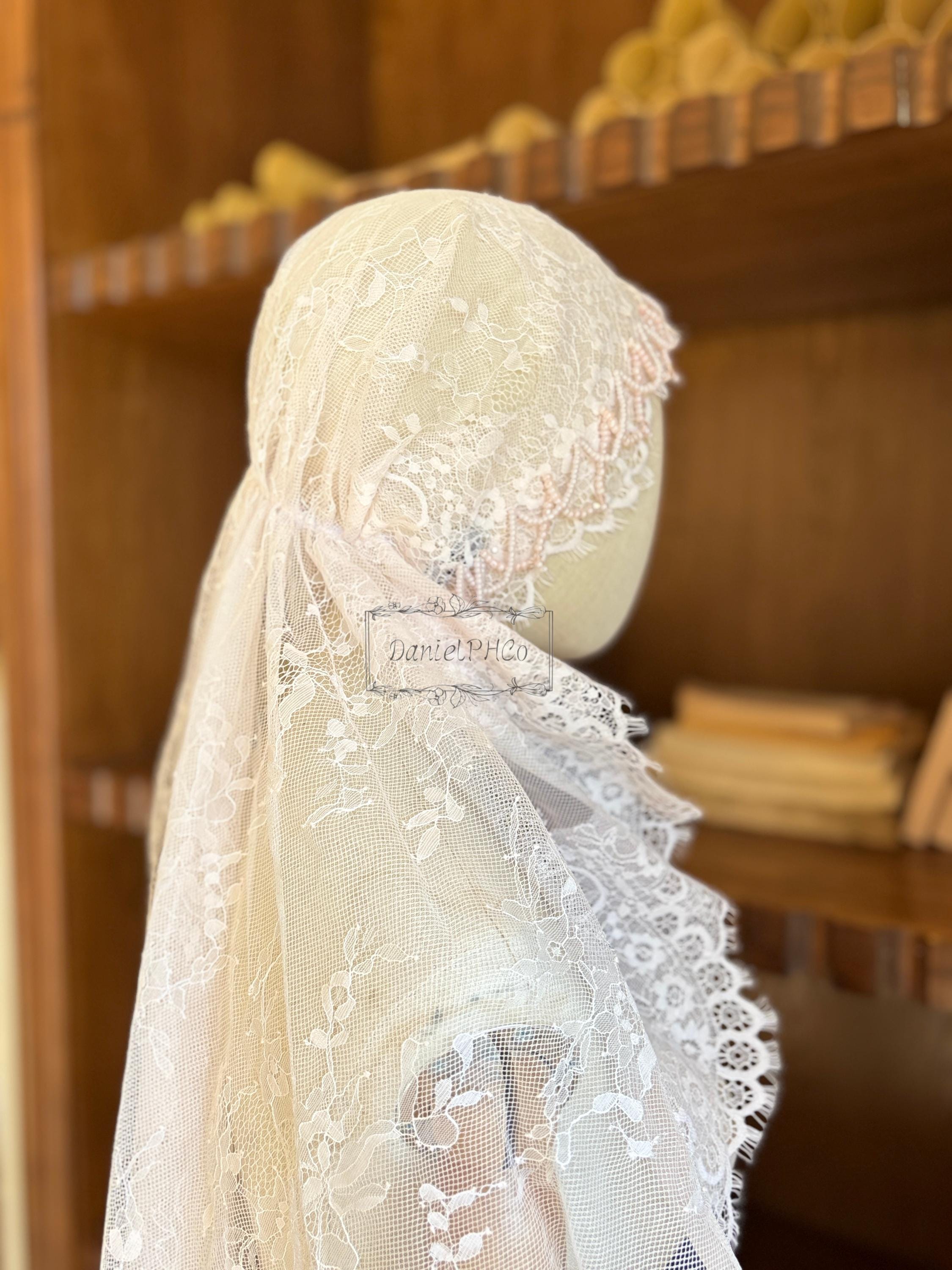 Light Pink Floral Lace Juliet Veil