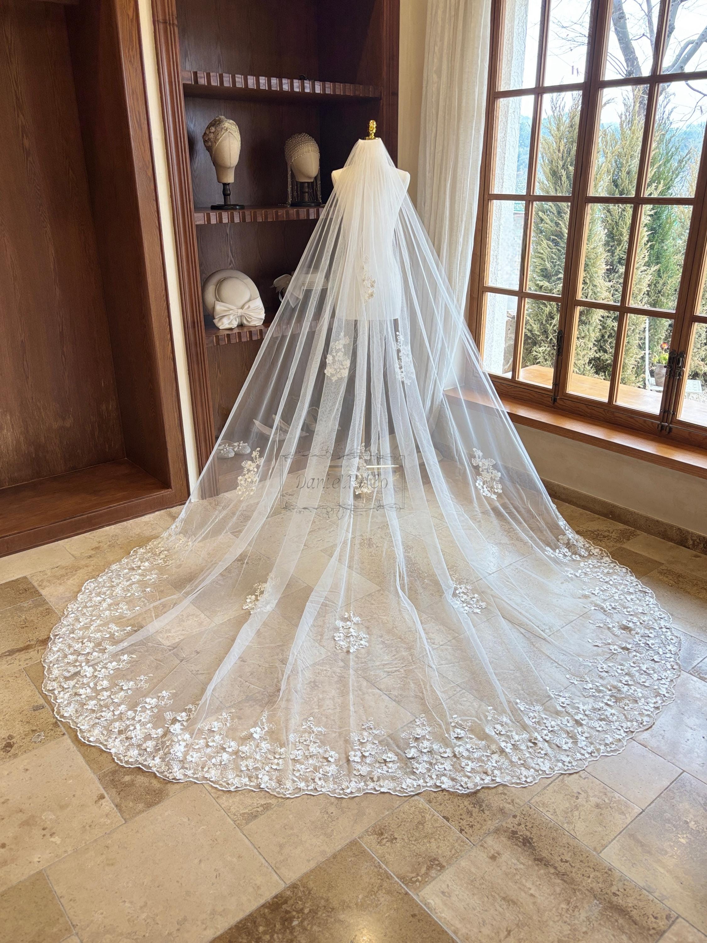 White Flower Lace Wedding Veil With Pearl, Retro Cathedral Wedding