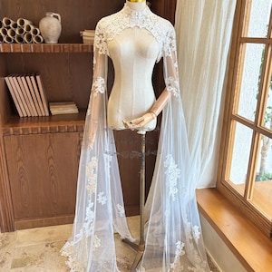 Elegant Floral Lace Wedding Bolero, Vintage Bridal Cover Up, Long Sleeve Lace Bolero, Bell Sleeve Bridal Jacket, Custom Lace Top
