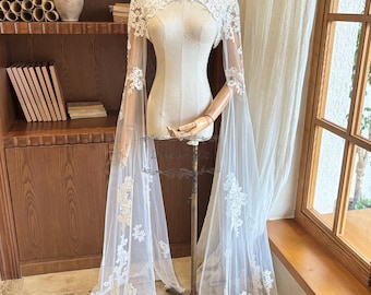 Elegant Floral Lace Wedding Bolero, Vintage Bridal Cover Up, Long Sleeve Lace Bolero, Bell Sleeve Bridal Jacket, Custom Lace Top