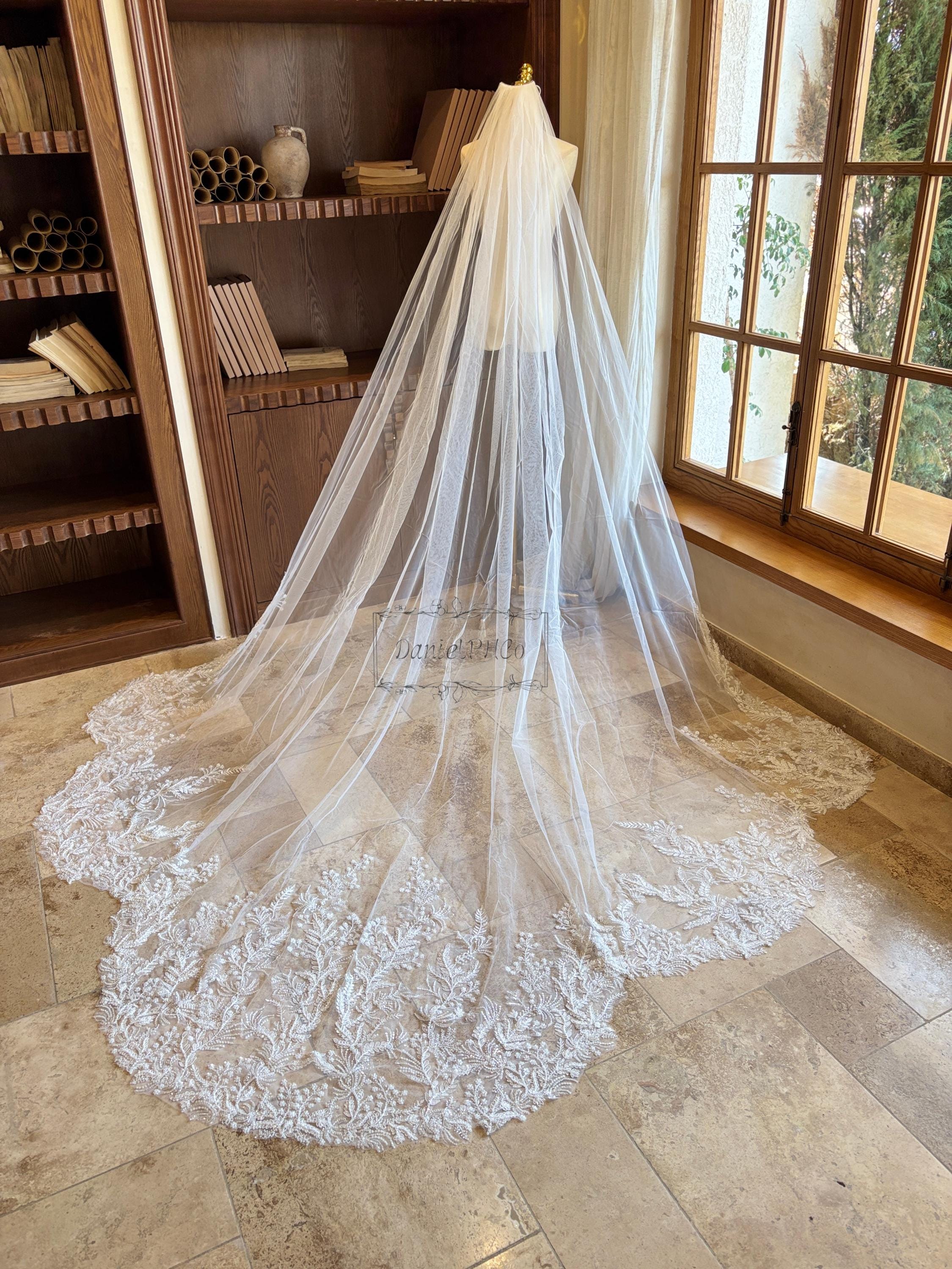 Luxury Irregular Hem Wedding Veil, Beaded Sequined Lace Bridal