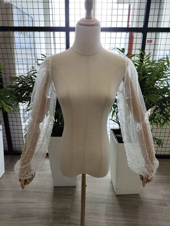Ivory Wedding Sleeves, Wedding Sleeves with Pearls, Soft Tulle Sleeves, Bridal Wedding Sleeves, Delicate Sleeves with Straps, Tulle Sleeves