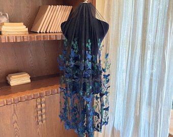 Short Black Veil with Green/ Navy Blue 3D Butterfly Embroidery, Gothic Wedding Veil, Fairy Bridal Veil, Alternative Bride