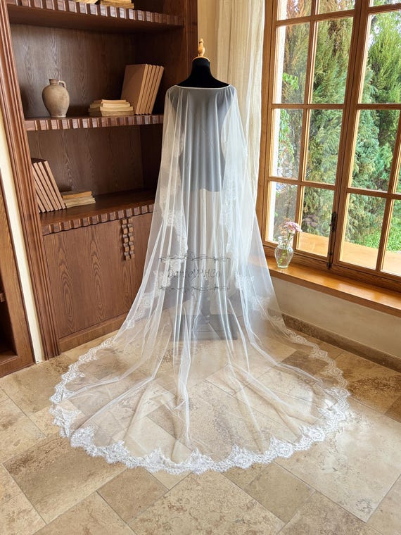Sheer White Bridal Veil with Lace Trim Train only short lace veil - All over sheer florals French  main image 3