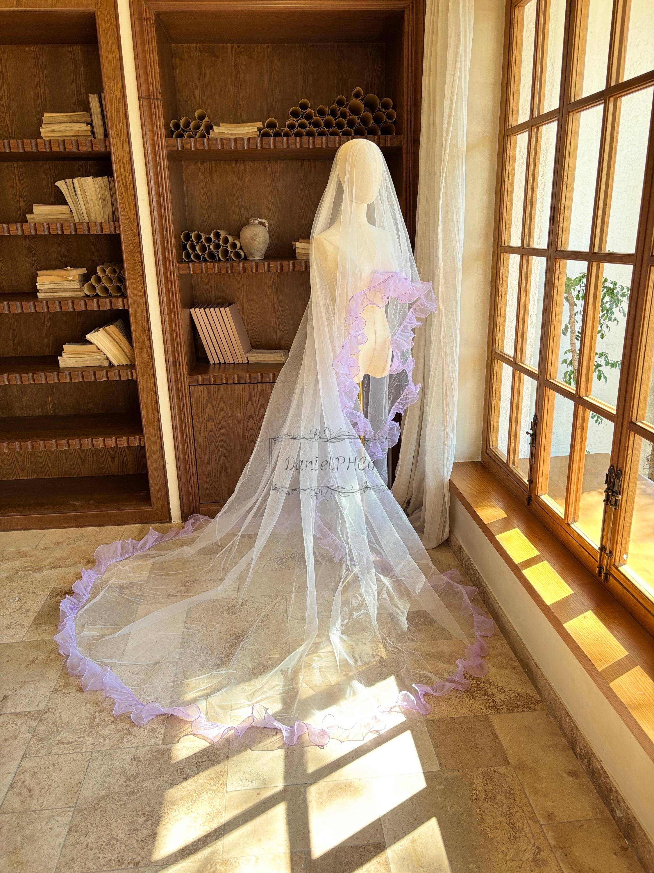 Purple Organza Wavy Hem Mantilla Wedding Veil, Minimalist  display picture 1