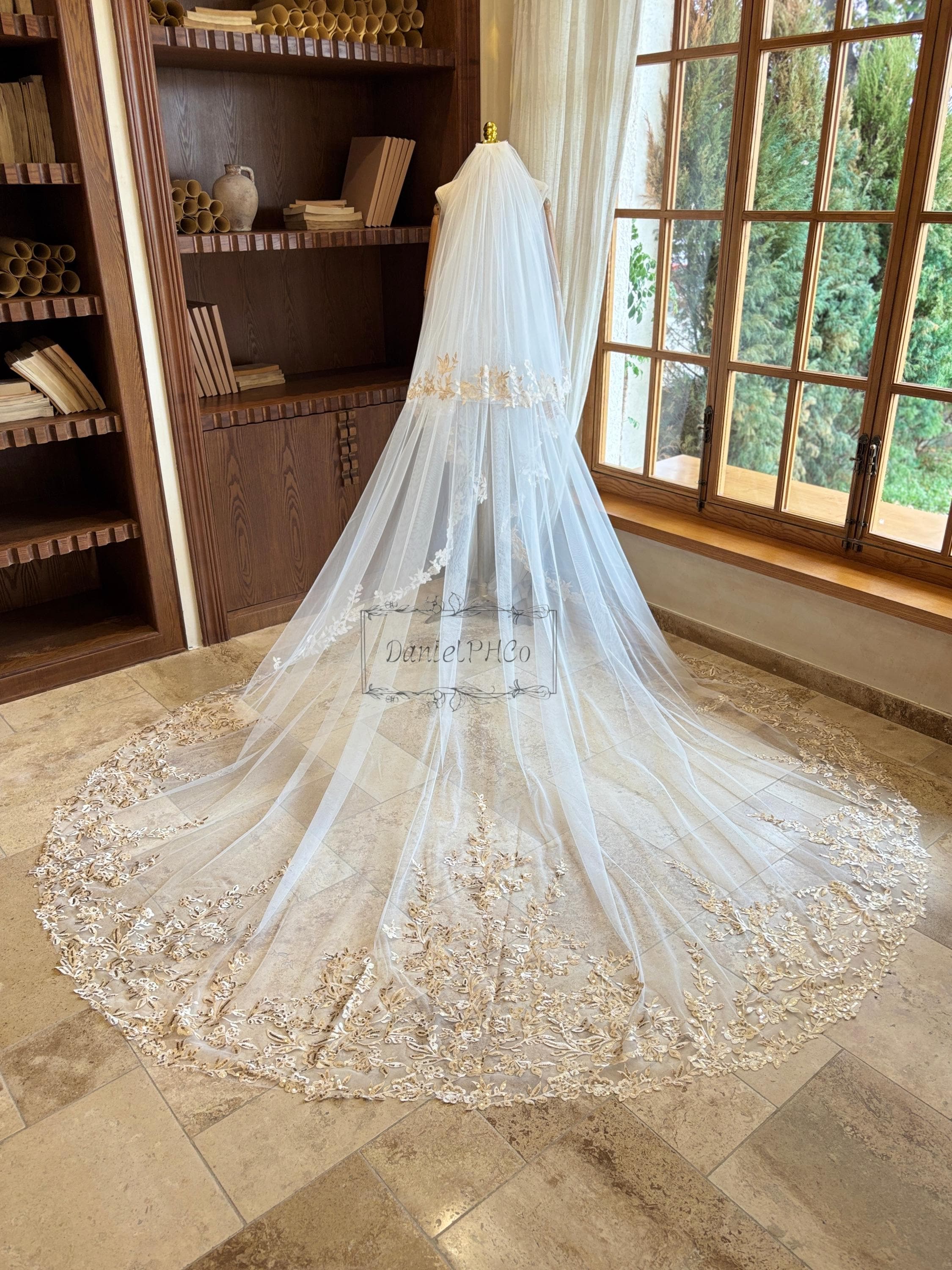 St. Pucchi M9312 Diamond White Gold Chapel Embroidered Wedding Bridal Veil zahra-chapel-veil-1-atelier-  main image 4